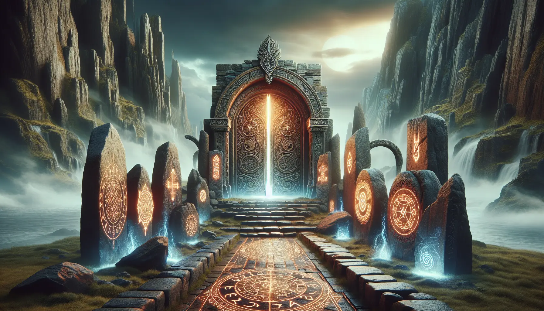 Mythic realm gateway with ancient stone architecture
